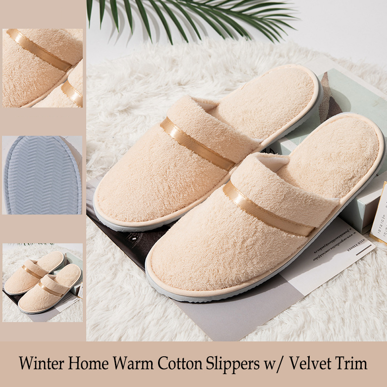 APR030 Winter Home Warm Cotton Slippers w/ Velvet Trim