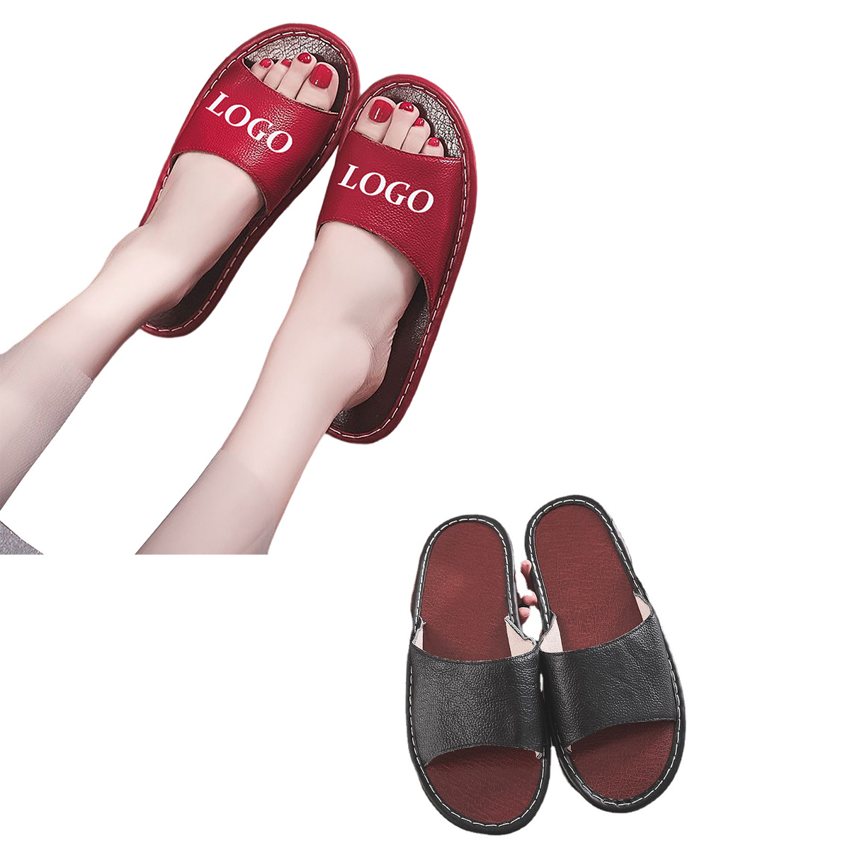 APA1035 Open Toes PU Leather Flat Slippers